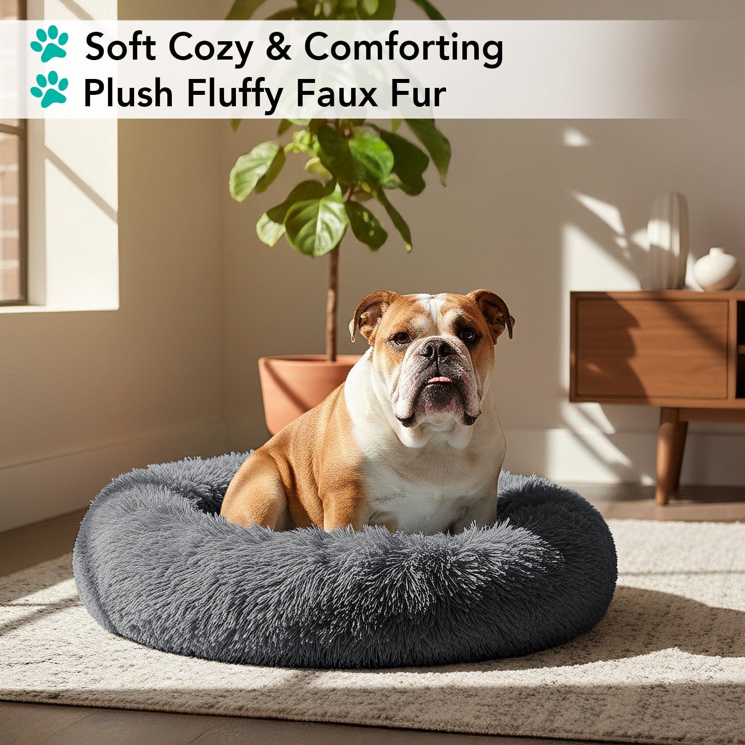 PetAmi Calming Dog Bed for Small & Medium Dogs and Cats, 30 Round Donut Dog Bed, Washable Fluffy Faux Fur Puppy & Cat Bed, Anti-Anxiety Plush Cuddler Pet Bed with Anti-Slip Bottom - Dark Gray