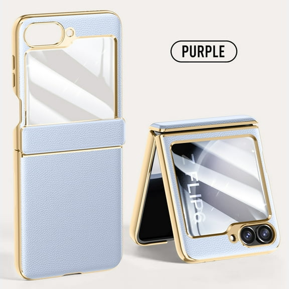 Nalacover Slim Case for Samsung Galaxy Z Flip 6 with Electroplated Hinge Protection Front Screen Film Cover, Plain PU Leather Shockpproof Anti-Scratches Case for Galaxy Z Flip 6, Purple