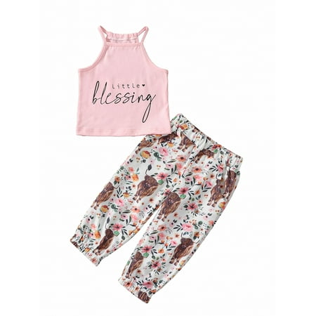 

Summer Toddler Baby Girls Sleeveless Letter Print High Neck Halter Vest Tops Camouflage Printed Long Pants 2PCS Outfits