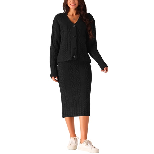 Conjuntos de suéter casual de otoño e invierno para mujeres INSPIRE CHIC, chaqueta de cuello en V, conjunto de dos piezas, faldas midi, conjunto de lounge, negro