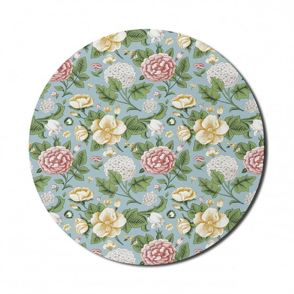 Colorful Mouse Pad for Computers, Vintage Style Chrysanthemum Flowers and Hoya Blooms Illustration, Round Non-Slip Thick Rubber Modern Mousepad, 8" Round, Pale Blue Grey Multicolor, by Ambesonne
