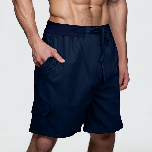 pstuiky Pantalones cortos para hombre, Pantalones cortos deportivos cargo hasta la rodilla para hombre, con múltiples bolsillos, de lino sintético y cordón elástico en la cintura.