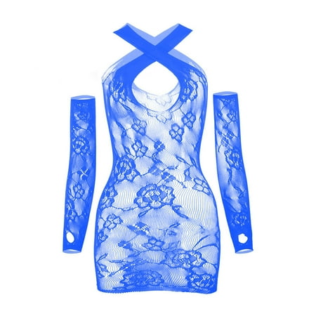 Augper Women Solid Color Lingerie with Sexy Lace Hollow Patterns Suspender Dress with Sleeves Suit
