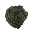 thumbnail image 4 of C.C BeanieTail Sparkly Sequin Cable Knit Messy High Bun Ponytail Beanie Hat, Dark Olive, 4 of 4