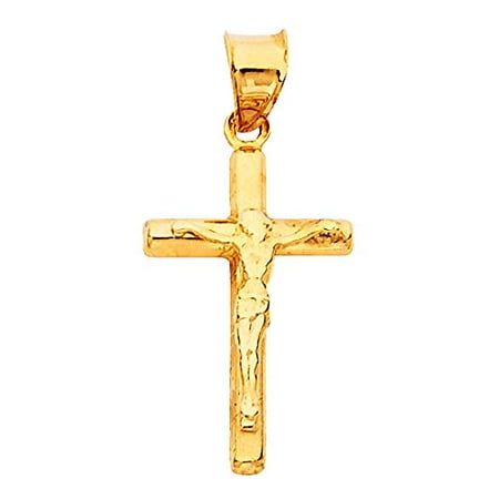 - 14K Yellow Gold Jesus Engraved Cross Pendant - Crucifix Charm Polish Finish - Handmade Spiritual Symbol - Gold Stamped Fine Jewelry - Great Gift for Men & Women for Occasions