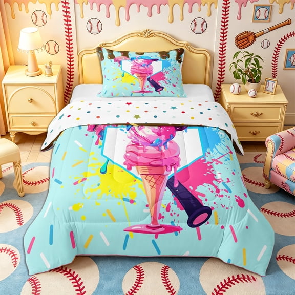 Castle Fairy Baseball Print Twin Comforter Sets 2pcs, Ice Cream Sundae Pattern Bedding Set, Pink Blue,1 Comforter and 1 Pillowcase