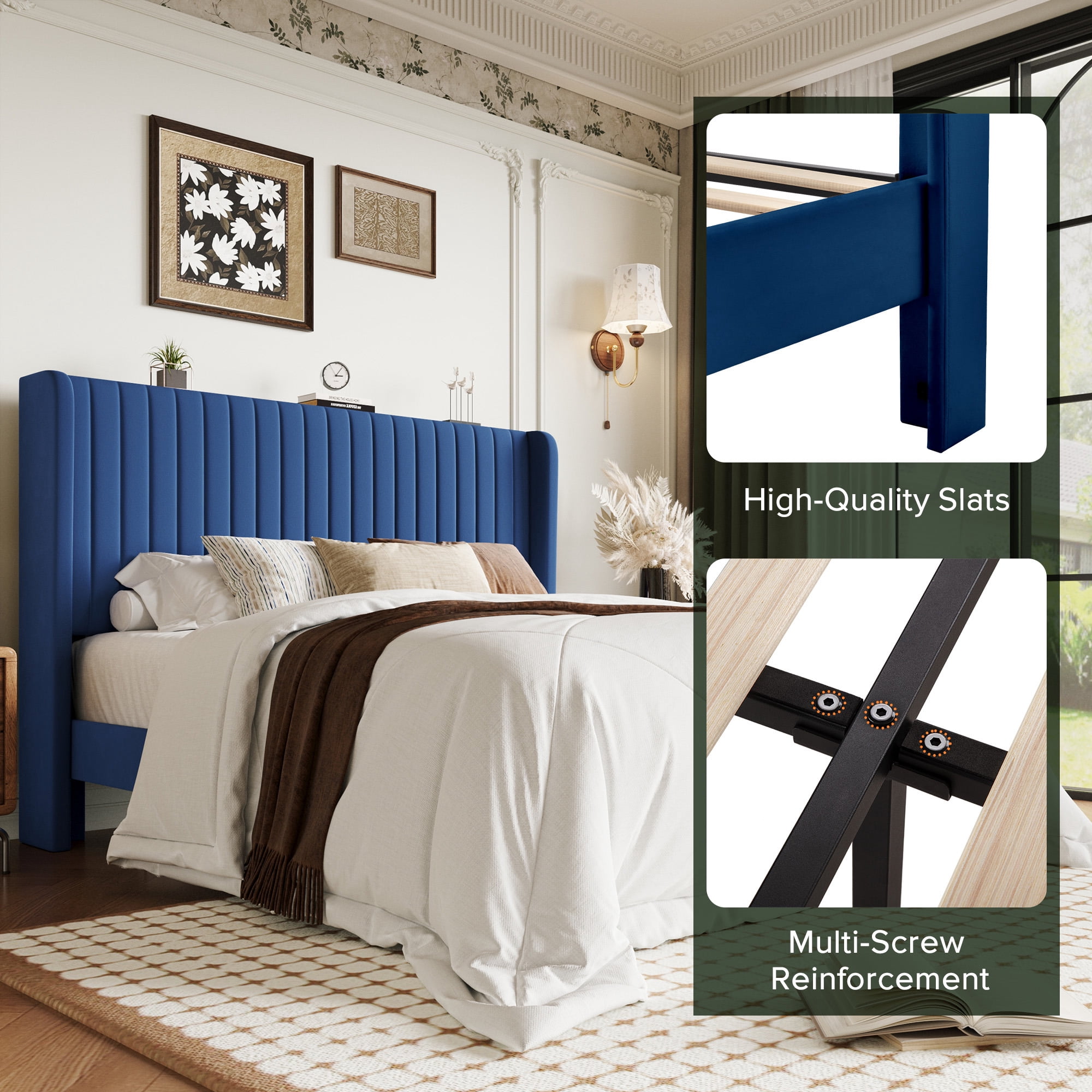 Einfach Full Bed Frame, Upholstered Platform Bed with Wingback Headboard, No Box Spring Required, Dark Blue