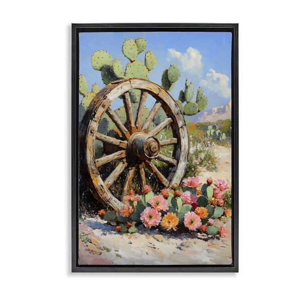Stupell Industries Farmhouse Wagon Wheel Among Cactus Black Floating Frame Canvas Art, 17 x 25, by Franklyn Gregory