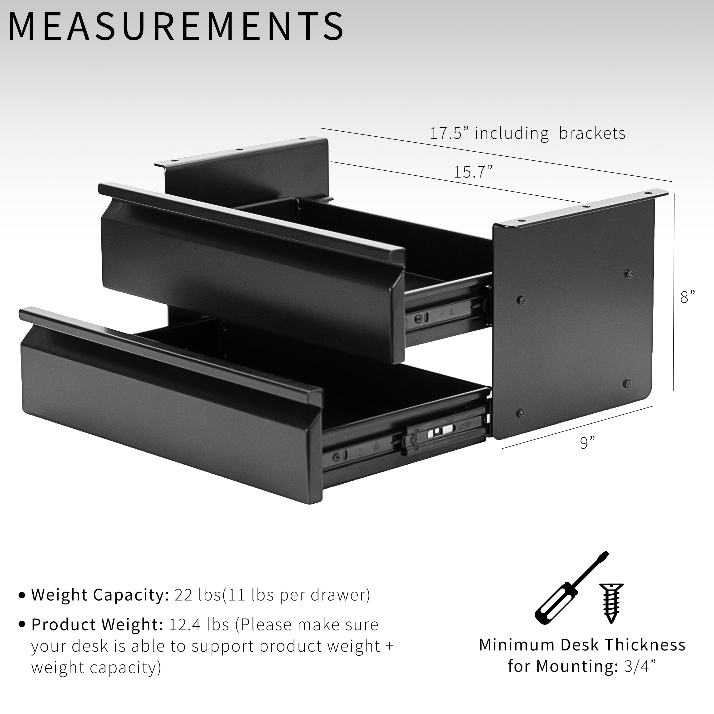 VIVO Black Dual Level 16" Pull Out Under Desk Storage Drawer Set without Shell