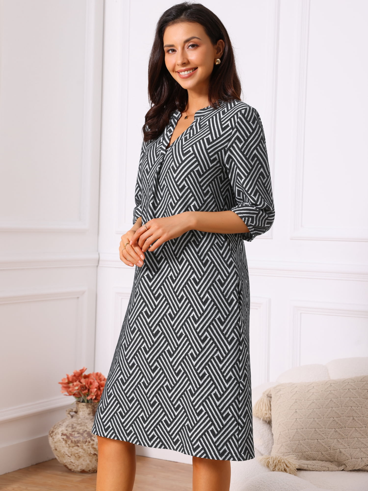DARING DIVA Women's 3/4 Sleeve V Neck Zigzag Print Dress XL Black