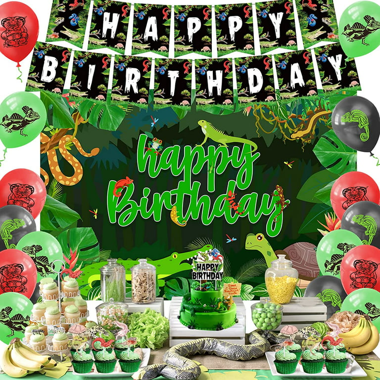 Reptile Birthday Party Decorations, Reptile Swamp Happy Birthday Banner  Backdrop, Reptile Balloons Cake Topper Safari Animals Lizard Snake Turtle