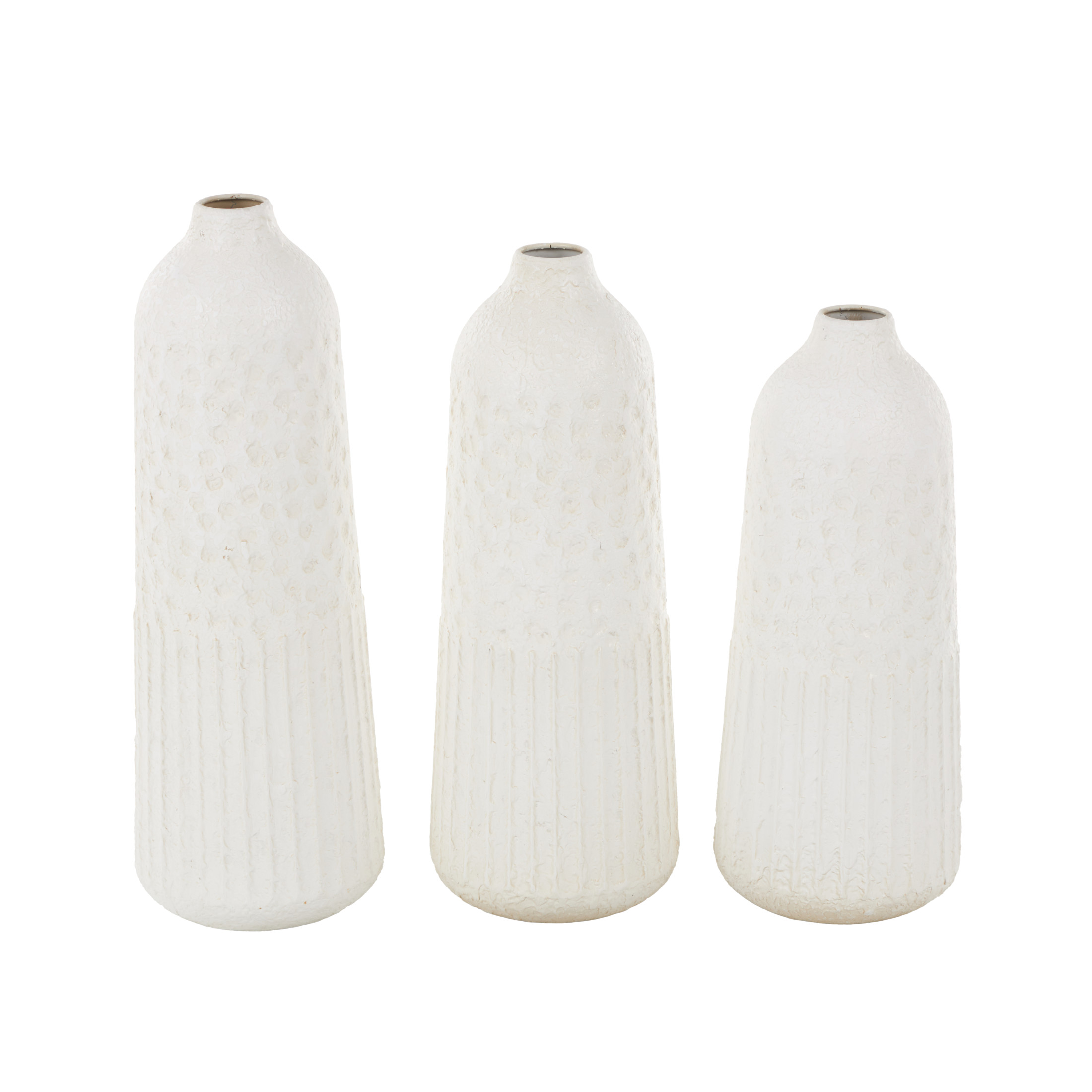 DecMode 24", 22", 20"H Textured White Metal Vase with Honeycomb Pattern, Set of 3