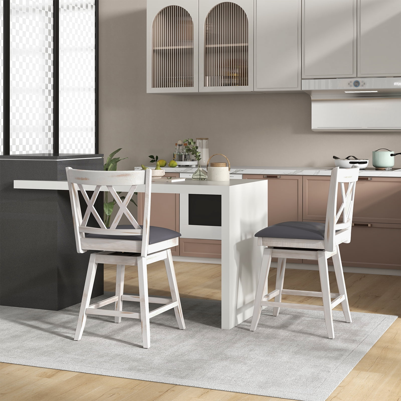 Costway 24" Bar Stools Set of 2 with Ergonomic Backrest Rubber Wood Legs Swivel Height Chairs Antique White, Gray