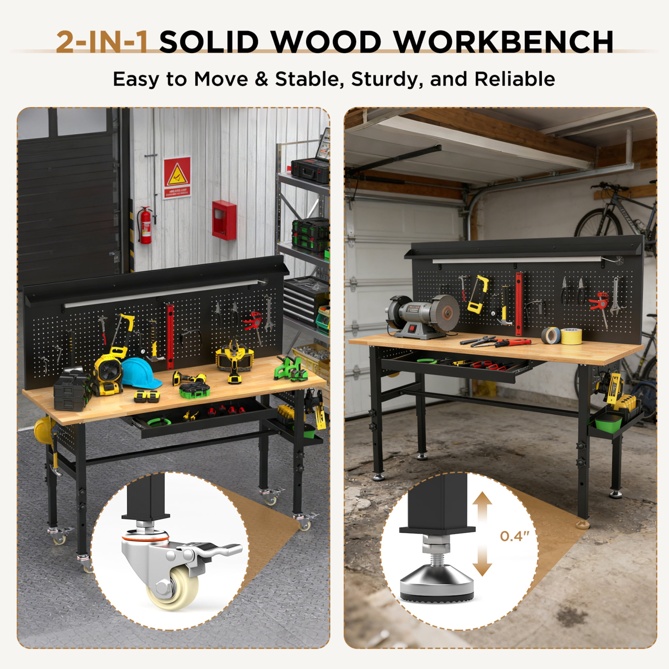 Noble House 60" Adjustable Height Workbench with Solid Wood Top, Heavy Duty Garage Work Table with Power Outlet, Black