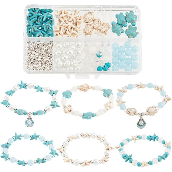 1 Box 6 Sets Ocean Anklet Bracelet Making Kit Turtle Beads Sea Animal Beads Summer Hawaii Blue Glass Bead Shell Beads for Jewelry Making Kits Handmade Gift Adult DIY Beading Craft Supplies DIY