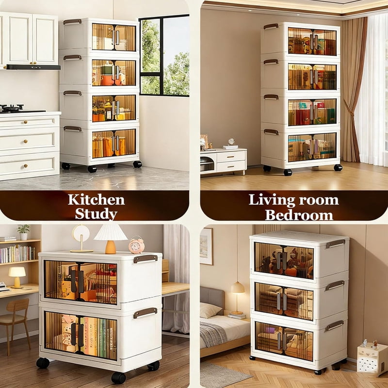 3-Tier Stackable Storage Bins with Lids, Collapsible Rolling Closet Organizer with Wheels, Plastic Storage Cabinet Closet Organizer for Bedroom Living Room