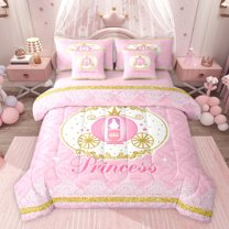Castle Fairy Pink Princess Carriage Girl Bedding Comforter Set 7pcs,Bling Gold Glitter Queen Bedding Sets Super Cozy,Dreamy Lace Trim Queen Sheet Sets,Lightweight Room Decor,Reversible
