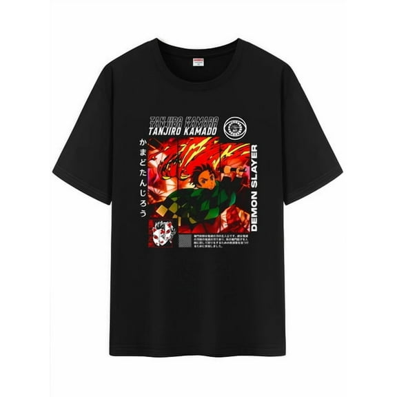 Qingyee Unisex Anime Character Pattern Cotton T-Shirt,Tanjirou Demon Slayer Character Impression Short Sleeve Tee Shirt