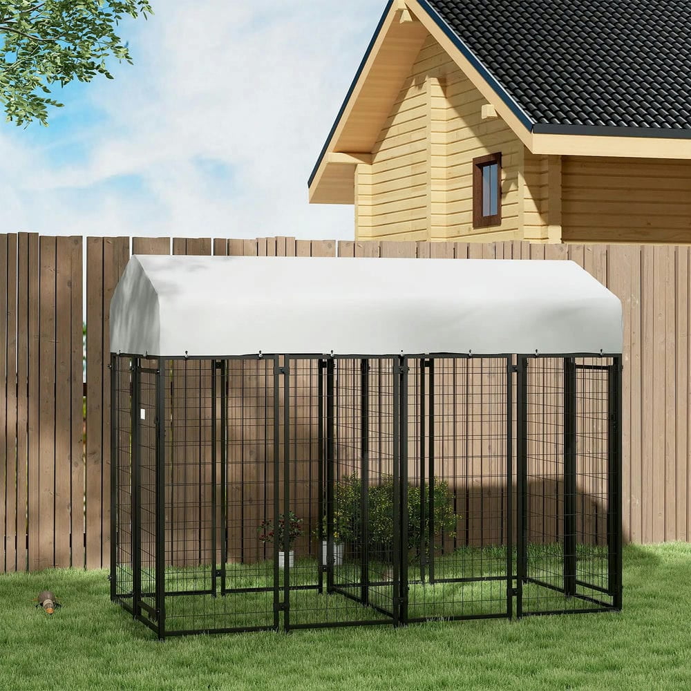 Topcobe Outdoor Dog Kennel with Two-Room Design, Water-Resistant & Sun-Proof Cover, for S, M, L Dogs, 8' x 4' x 6', Outside Pet Shelter, Small Animal Habitat