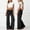 Black, variant on Women's Fold-Over Pleated Waist Flared Yoga Pants, Solid Color High Waist Wide Leg Casual Trousers, Stretchy Soft Bootcut Pants for Fitness & Daily Wear, 8 Colors XS-XXL