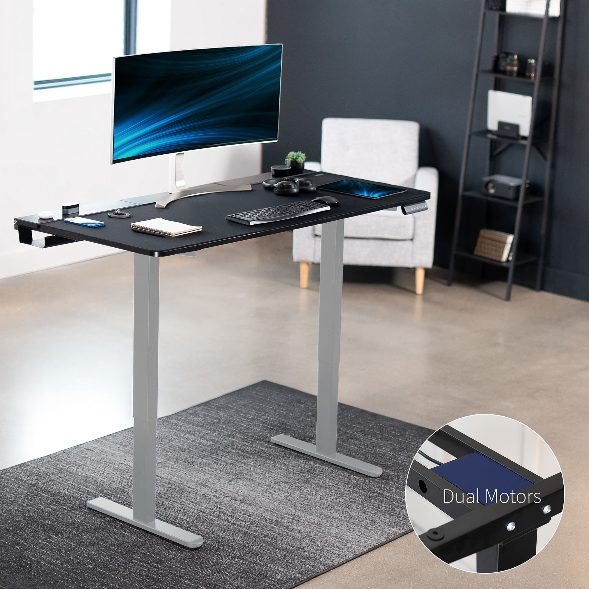 VIVO Electric 60" x 30" Desk, Full Pad, Black Hidden Cable Tabletop, Gray Frame