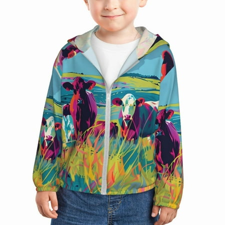 

Qekee Pop Art Colorful Cows Print UPF 50+ Kids Sun-Protective Hooded Long Sleeve Rash Guard for Fishing Water Beach Sports -4 Years