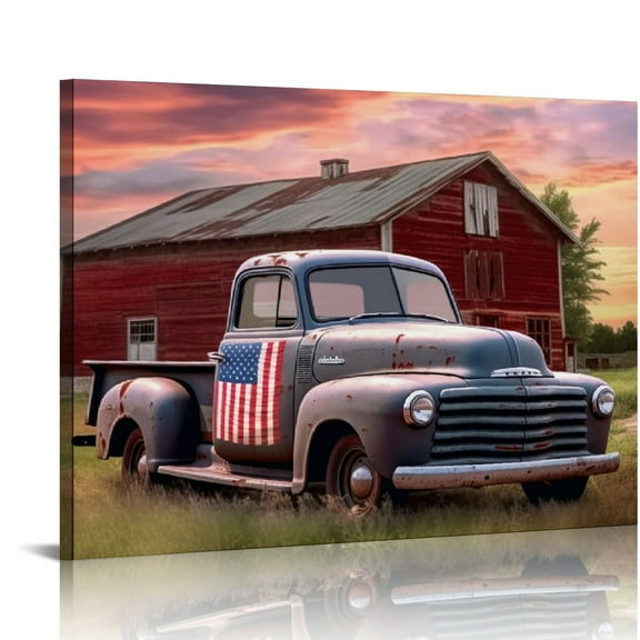 COMIO Farmhouse Car Wooden Wall Art: Rustic Barn Rusty Truck Artwork Classic Rural Landscape Print Countryside Scenery Framed Painting Picture Ready to Hang for Bedroom Office Living Room