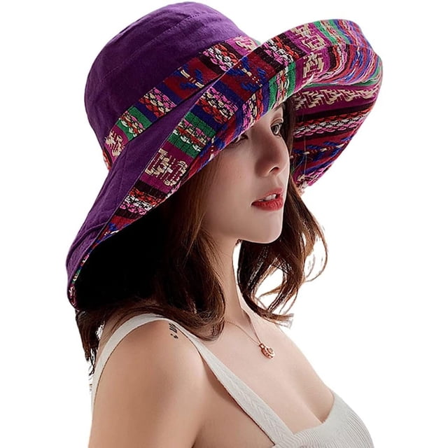 Women Wide Brim Sun Hats Metal Wired Edge Summer UV Protection Beach Fishing Hat for Hiking Garden Travel Chin Strap