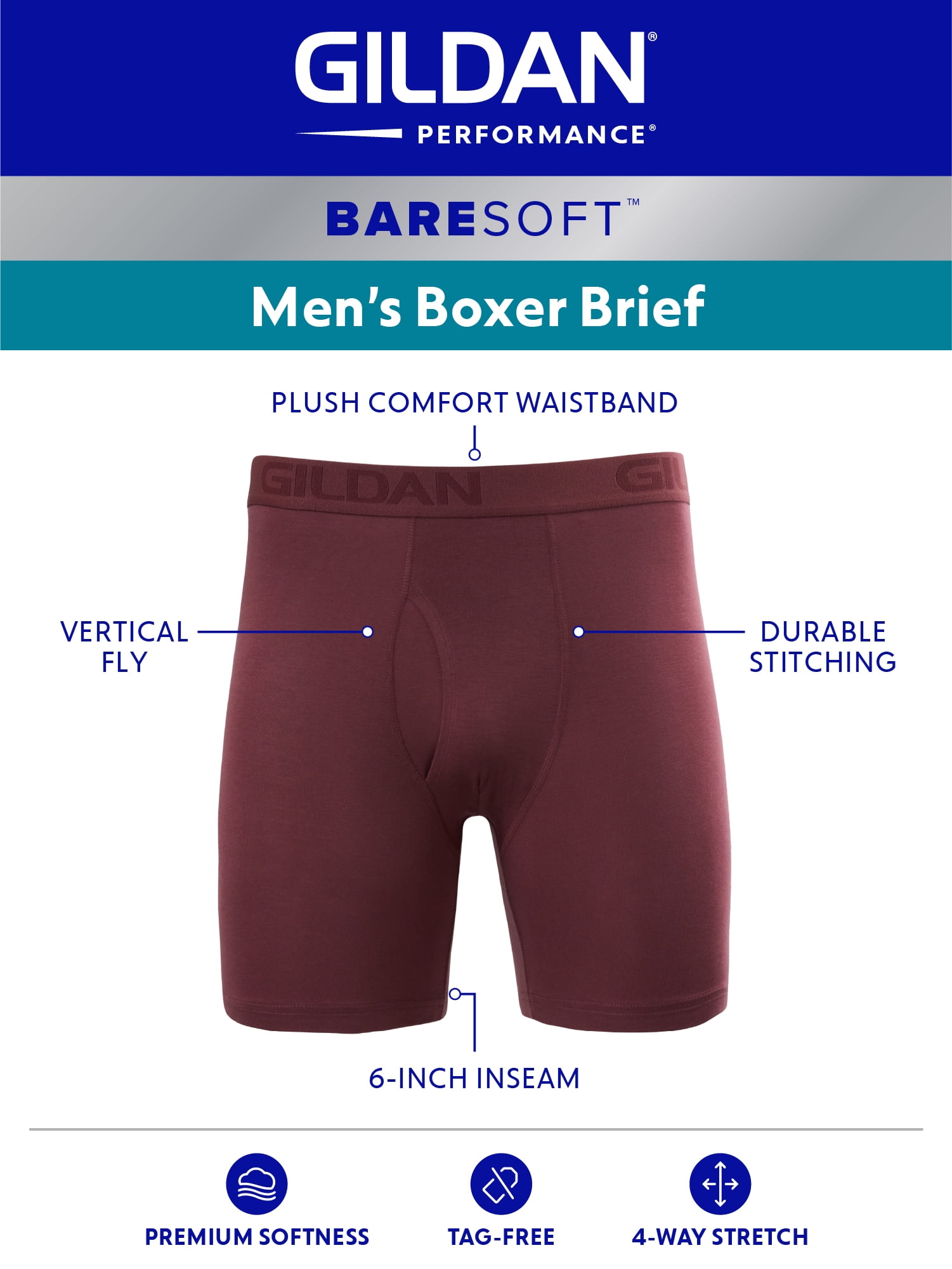 Gildan Performance Men's BareSoft Boxer Briefs, 3-Pack, Sizes S-2XL, 6" Inseam