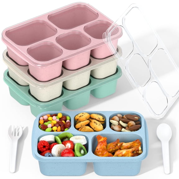 Clouxemli 4 Pack Bento Lunch Box, 5 Compartment Meal Prep Containers with Lids, Reusable Stackable Food Storage Boxes for Work Travel Daily Use Wheat Straw