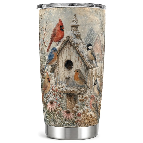 Winter Birdhouse Tumbler 20oz, Bird Tumbler, Stainless Steel Travel Cup
