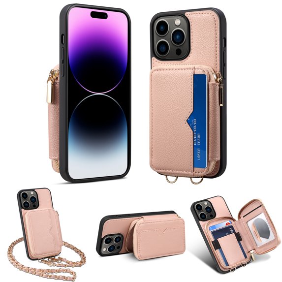 Nalacover for iPhone 13 Pro Max Crossbody Wallet Case for Women Men,Premium PU Leather Zipper Pocket ID Credit Card Slots Kickstand Phone Case with Removable Metal Shoulder Strap,Pink