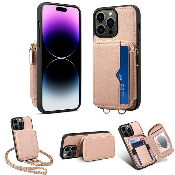 Nalacover for iPhone 13 Pro Max Crossbody Wallet Case for Women Men,Premium PU Leather Zipper Pocket ID Credit Card Slots Kickstand Phone Case with Removable Metal Shoulder Strap,Pink