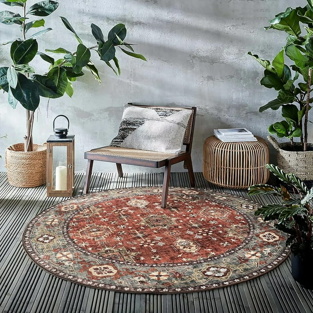 JV Home Round Rug Oushak Red Brown 4 ft Washable Carpet Anti Slip