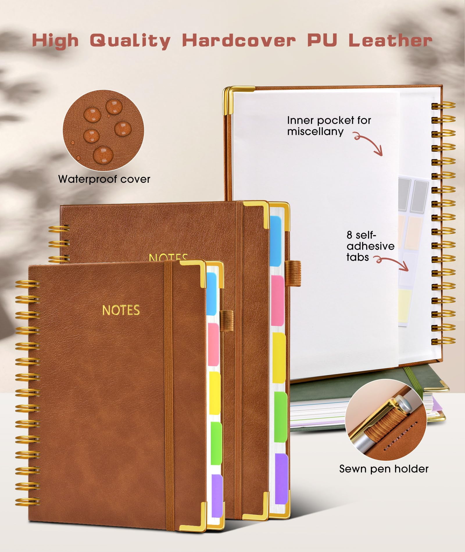 Notebook Journal with Removable Dividers Tabs, 300 Pages Leather 5 Subject Notebook College Ruled, 8"x10" Large B5 Notebooks for Work School Note taking, Lined Journal for Women