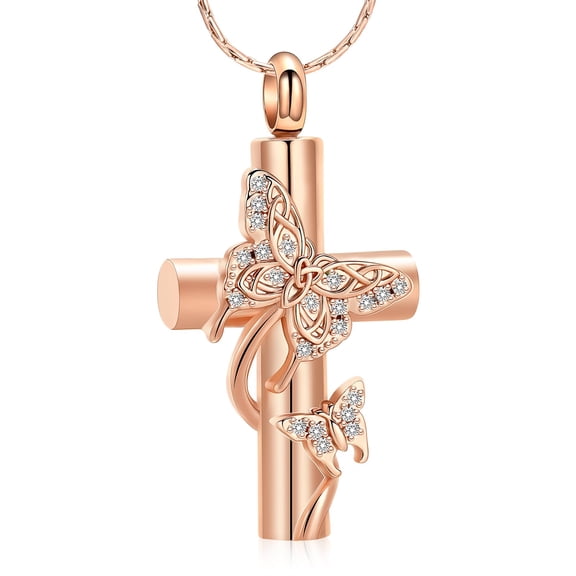 Personalize Fashion Butterflies Cross Urn Pendant Cremation Jewelry for Ashes Keepsake Memory Necklace Women Men Memorial Jewelry