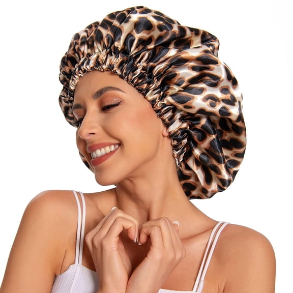 Satin Bonnet for Sleeping – Slouchy Beanie Hat Sleep Cap for Women's Natural & Curly Hair (Leopard)