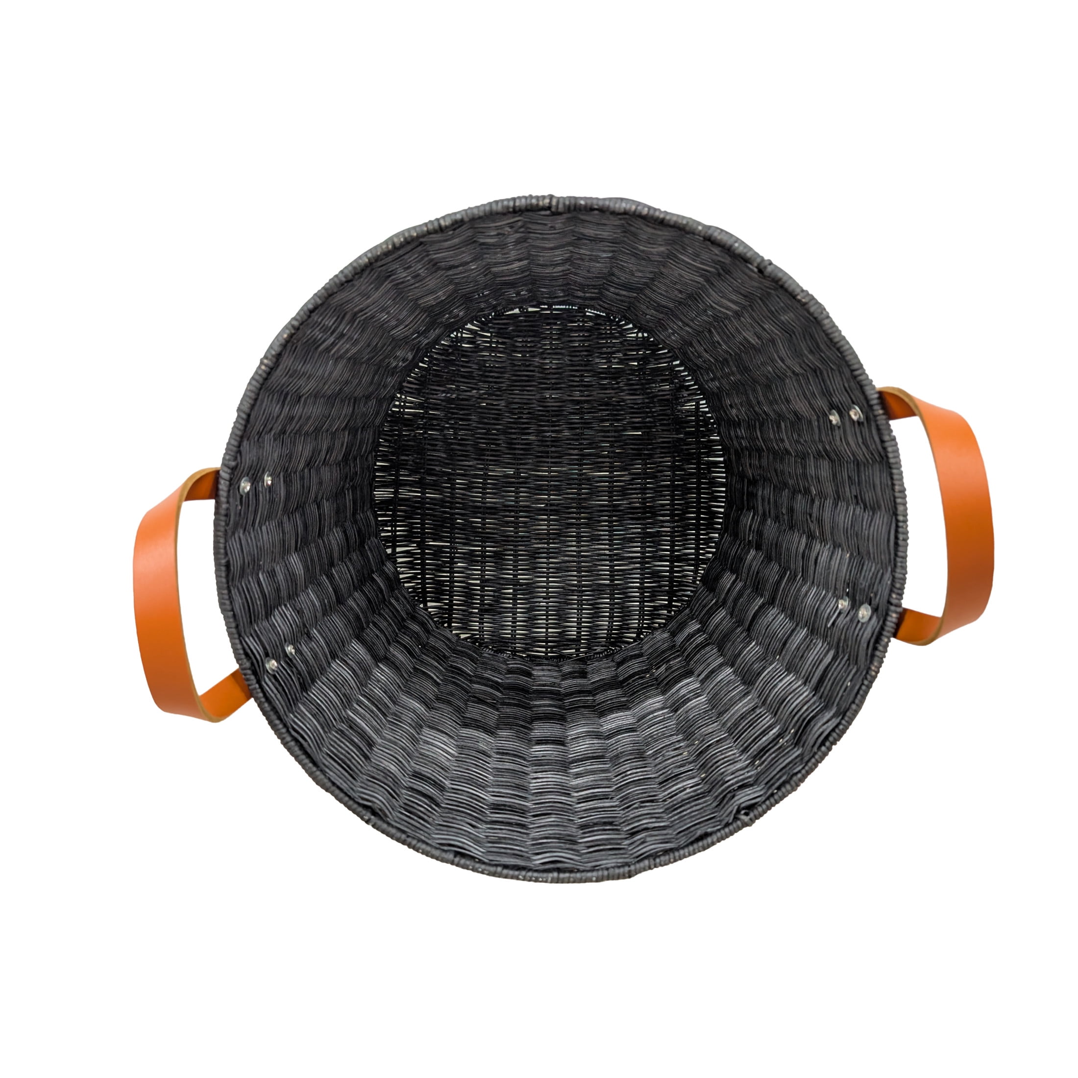 DecMode 16" x 20" Black Rattan Handmade Woven Storage Basket with Brown Leather Handles, 1-Piece