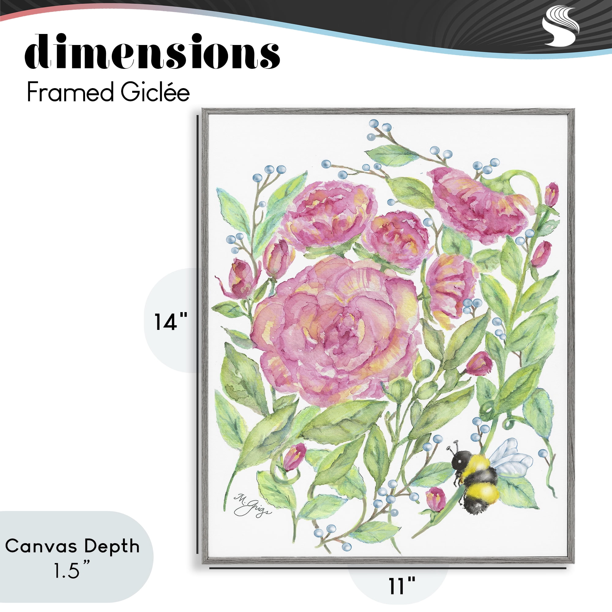 Stupell Industries Peony & Bumble Bee Gray Framed Giclee Art, design by Maureen Grigs
