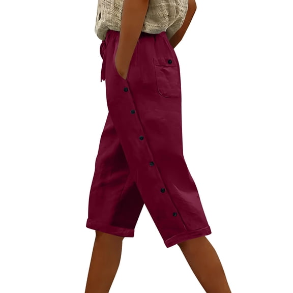 Linen Capri Pants Women Summer Casual Drawstring Elastic Waist Side Button Straight Wide Leg Cropped Pant Ladies Spring Pant