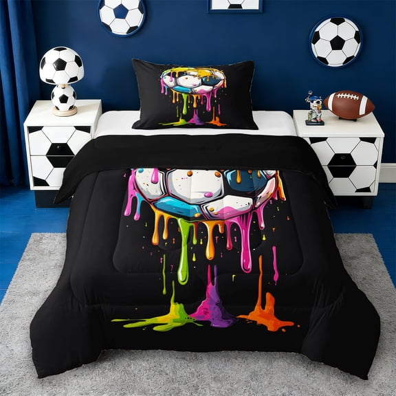 Erosebridal Watercolor Ice Cream Football Kids Twin Comforter Sets,Soccer Sport Games Ball Lover Bedding Set,Reversible Black 2-Piece