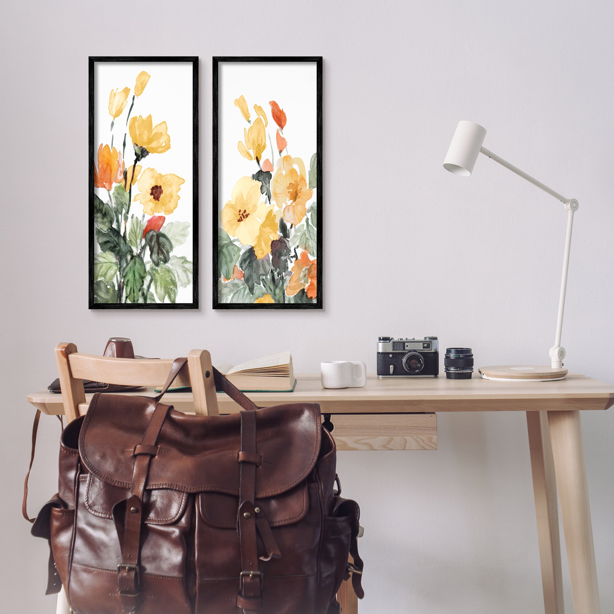 Stupell Industries Yellow Spring Flowers Botanical & Floral Painting Black Framed Art Print Wall Art, 10 x 24, Set of 2