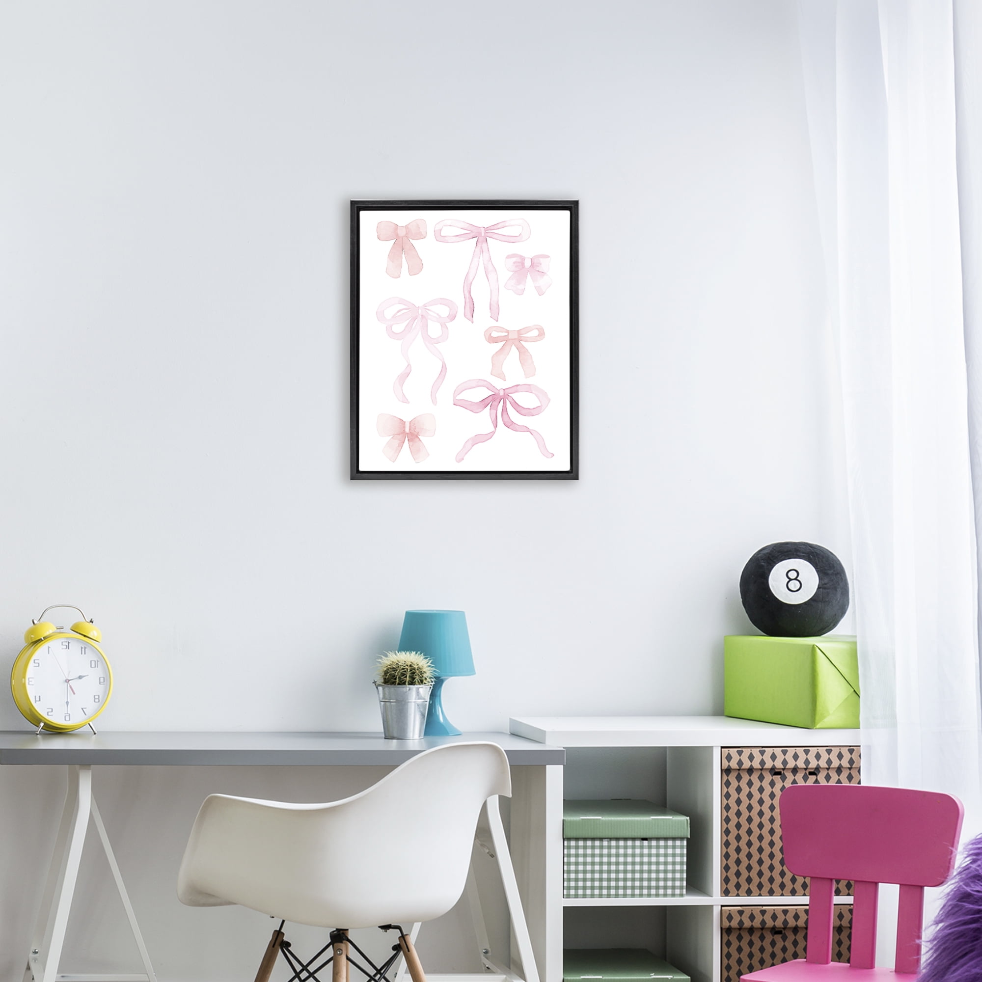 Pink Watercolor Bows Black Framed Floater Canvas Wall Art, design by Kim Allen
