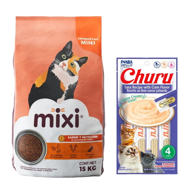 Mixi 15 Kg + Churu Atún con Almeja Sobre con 4 Tubos de 14 g