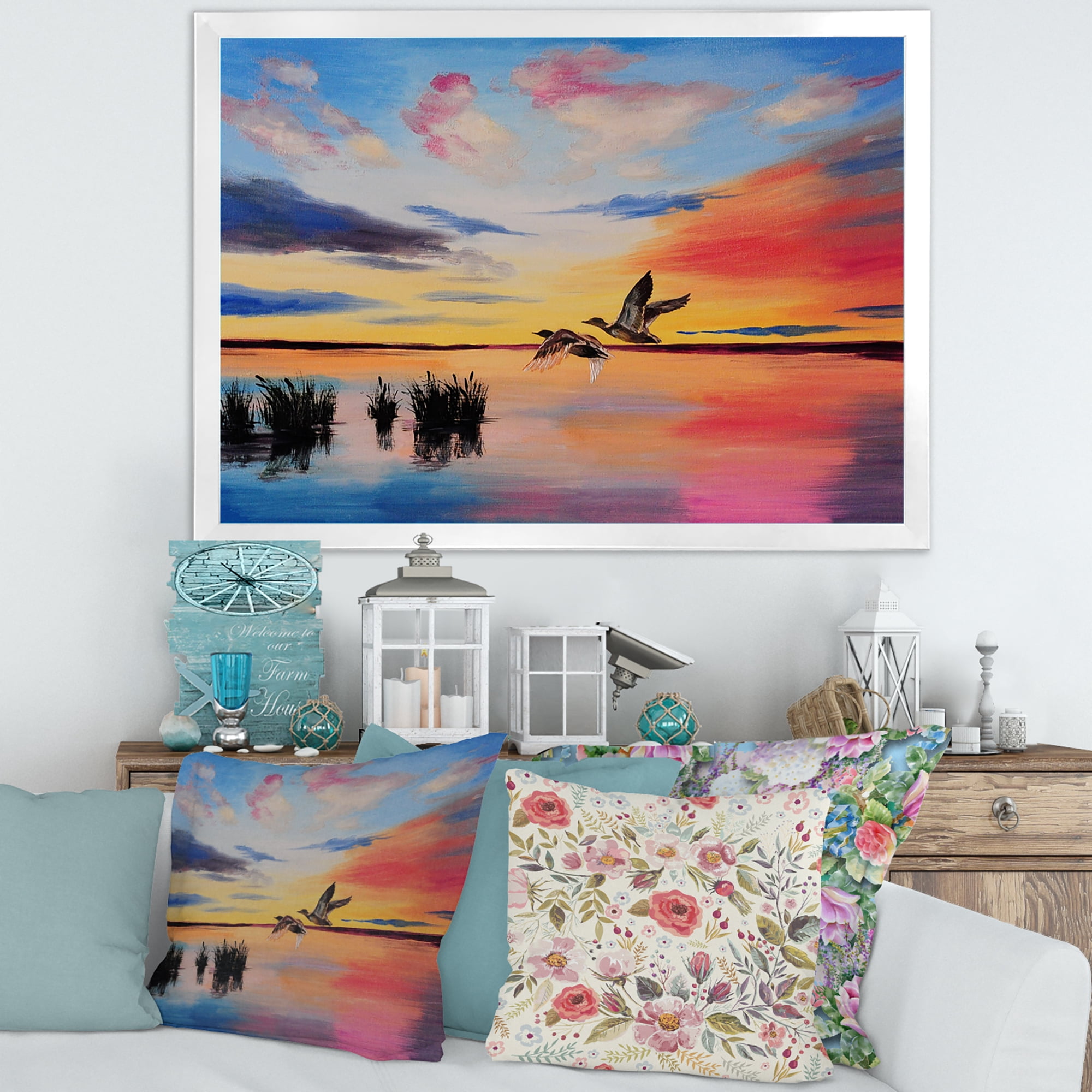 Designart 'Crane Birds Flying During Colorful Sunset' Nautical & Coastal Framed Art Print