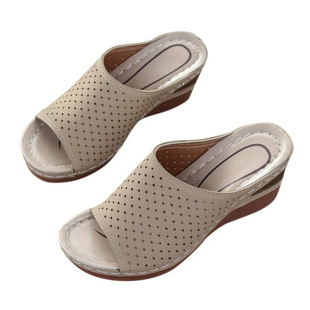 

Funicet Slides for Women Summer New Big Wedge Fish Mouth Hollowed-out Thick Bottom One Line To Wear Beach Slippers Beige 37