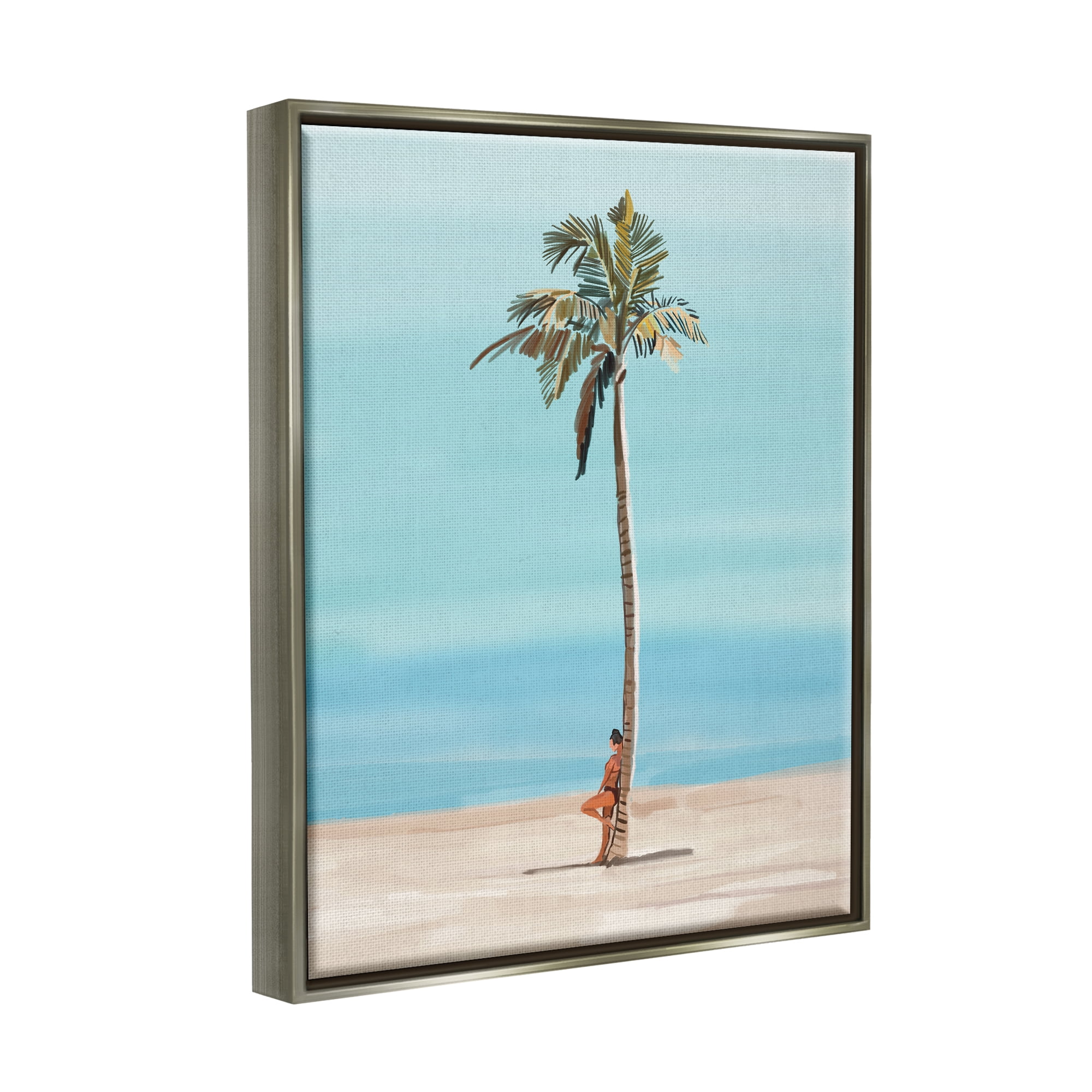 Stupell Industries Girl Leaning On Palm Tree Coastal Painting Gray Floater Framed Art Print Wall Art