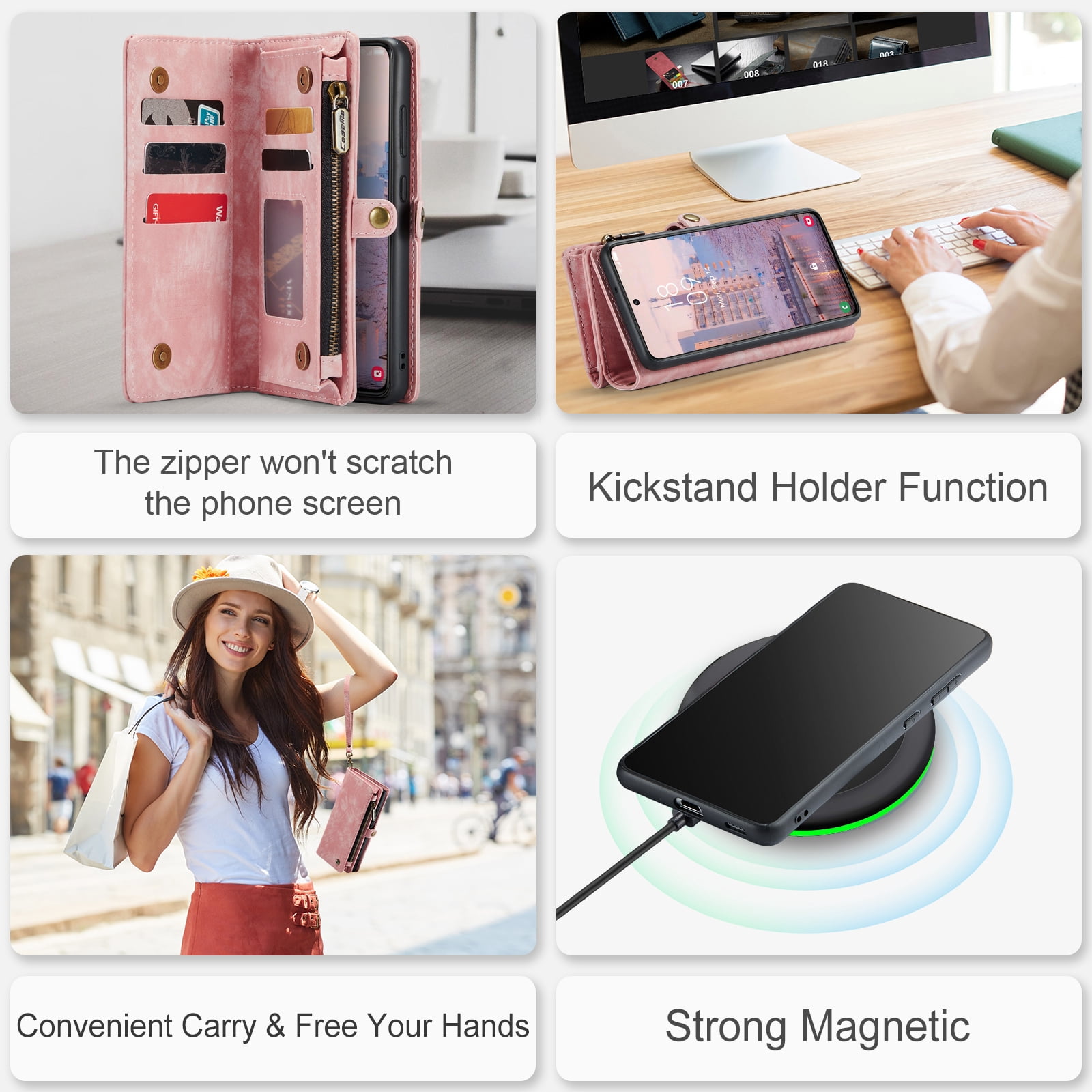 Allytech Magnetic Detachable Wallet Case for Samsung Galaxy A16 5G with Card Slots & Zipper Pocket, Support Wireless Charging, PU Leather Wrist Strap Shockproof Full Protection Flip Case, Pink