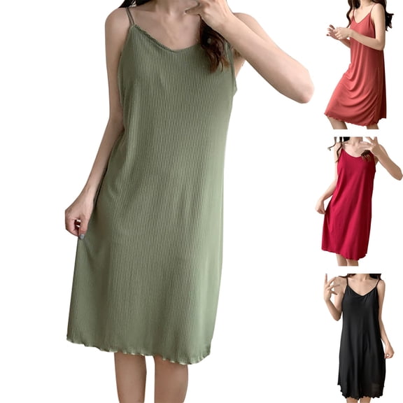 Chroia Women's Cotton V Neck Nightgown - Sleeveless Spaghetti Strap Full Slip Sleep Dress Lingerie