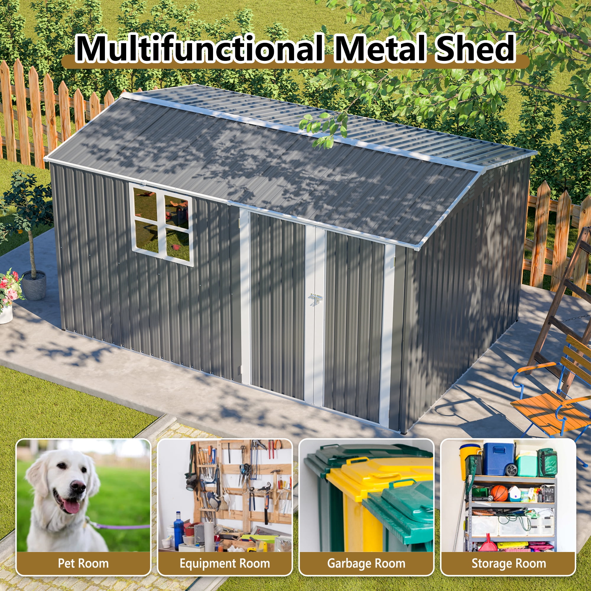 LZBEITEM 12'x8' Outdoor Storage Shed with Floor Frame & Window, Metal Garden Shed Kit, Backyard Shed, Lockable Doors for Backyard Patio Lawn, Gray